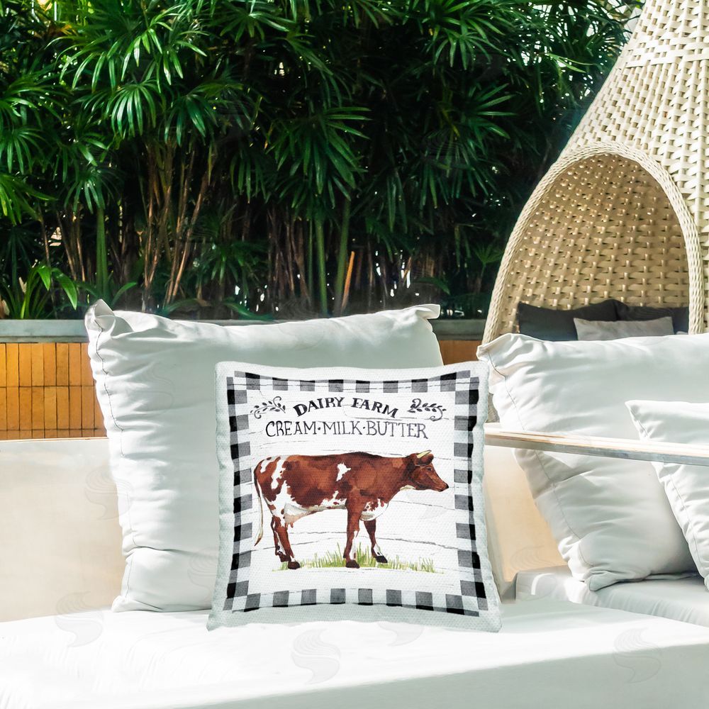 Elena Vladykina Rustic Spring Cow Outdoor Quick-Dry Polyester Printed Throw Pillow in Back Yard