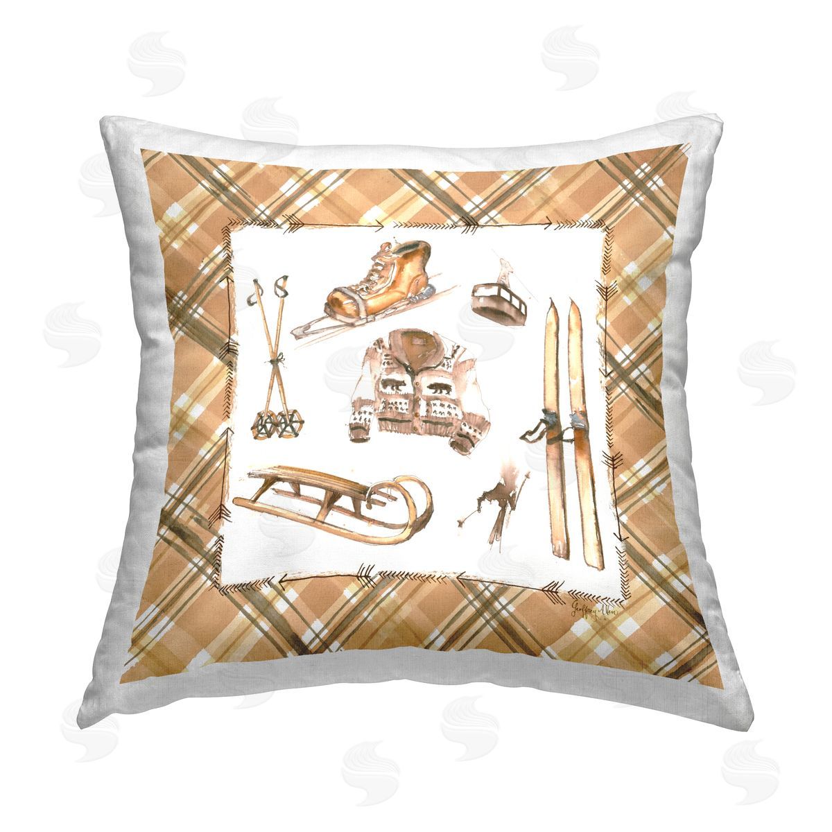 Geoff Allen Winter Sports on Tartan Printed Plush Polyester Throw Pillow
