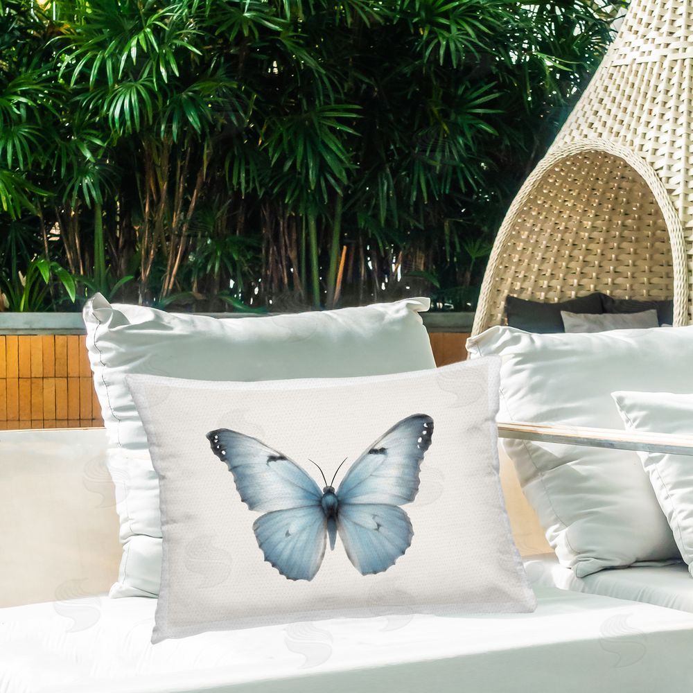 Elizabeth Medley Blue Symmetrical Butterfly Outdoor Quick-Dry Polyester Printed Throw Pillow in Back Yard