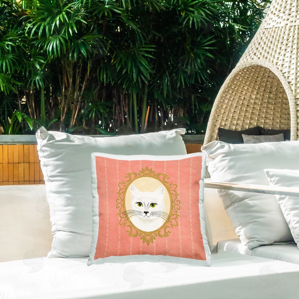 Carrie Cantwell White Cat Portrait Outdoor Quick-Dry Polyester Printed Throw Pillow in Back Yard