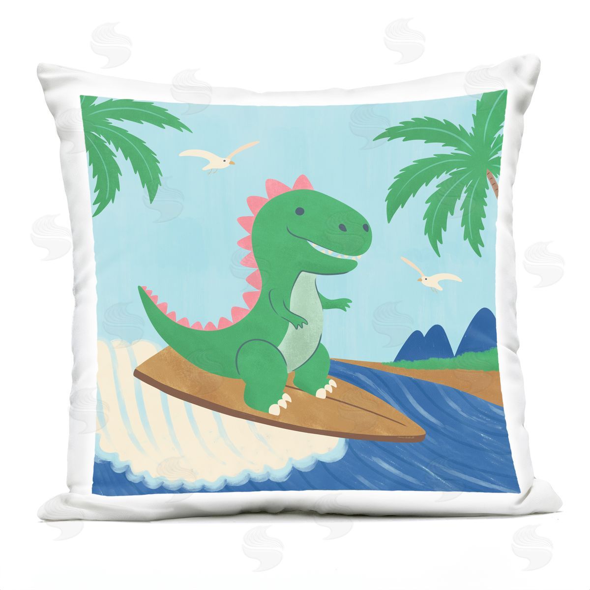 Carrie Cantwell Baby Surfing Dino Outdoor Quick-Dry Polyester Printed Throw Pillow
