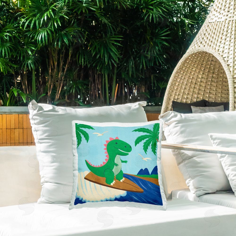 Carrie Cantwell Baby Surfing Dino Outdoor Quick-Dry Polyester Printed Throw Pillow in Back Yard