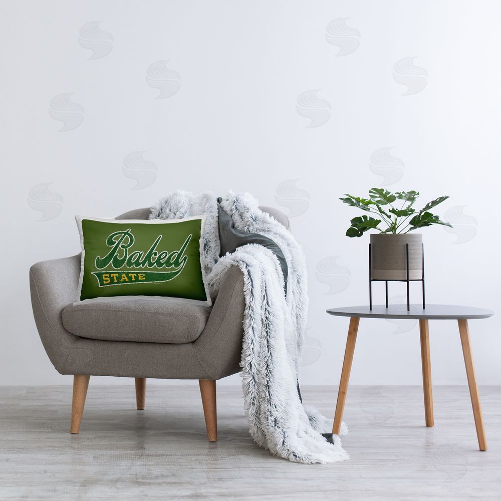 Classic Cannabis/Life Is High Baked State Varsity Style Printed Plush Polyester Throw Pillow On Chair