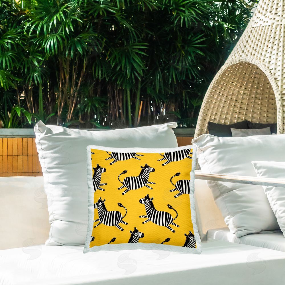 Leeza Hernandez Whimsical Zebras on Yellow Outdoor Quick-Dry Polyester Printed Throw Pillow in Back Yard