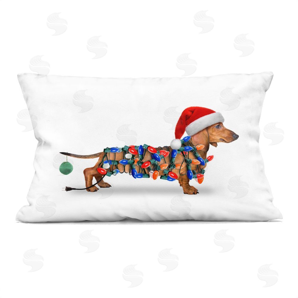 John Hovenstine Christmas Lights Wrapped Dog Printed Plush Polyester Throw Pillow
