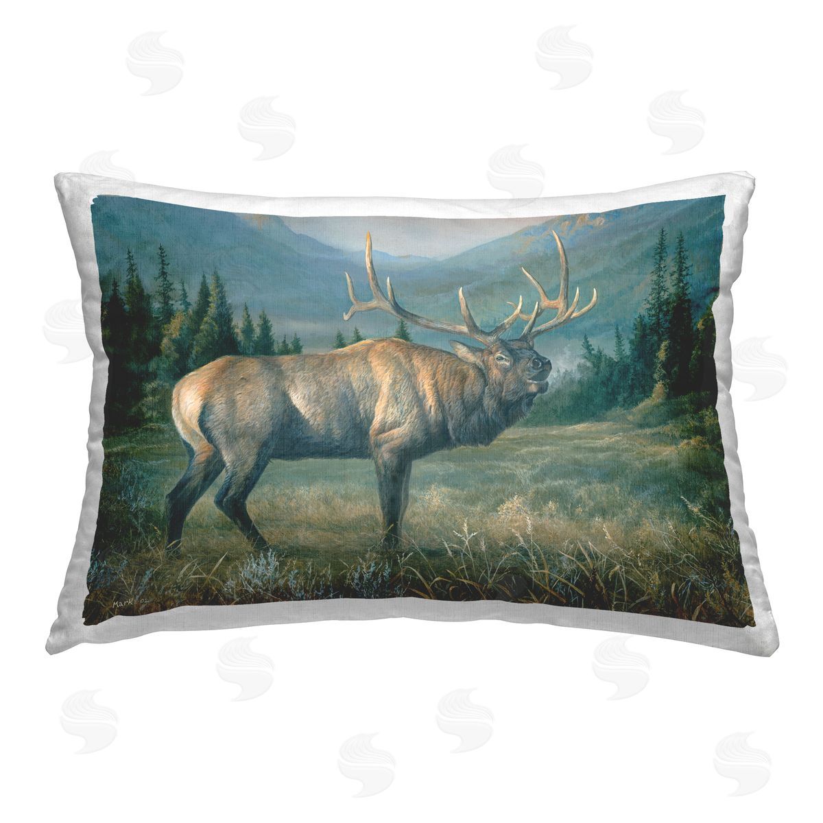 Laura Mark-Finberg Powerful Elk in Field Printed Plush Polyester Throw Pillow