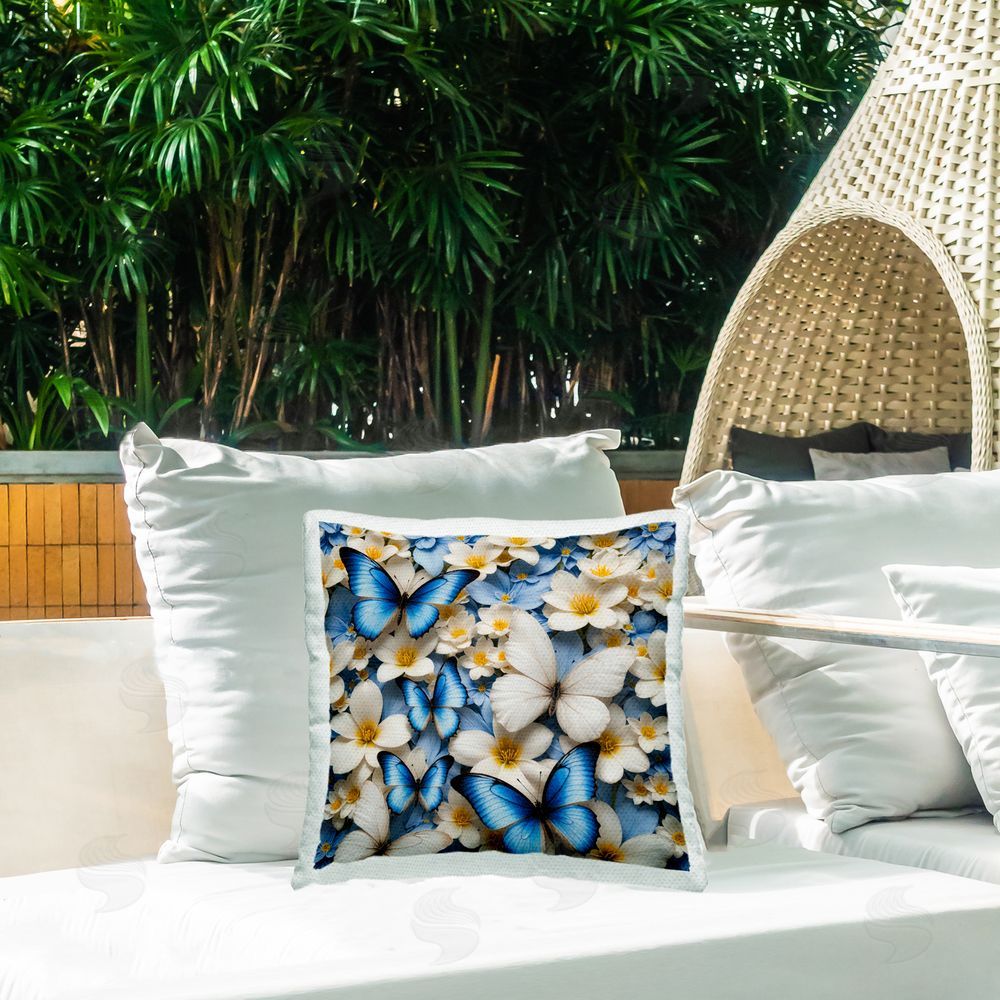 Yuri Khrushch Blue & White Floral Butterflies Outdoor Quick-Dry Polyester Printed Throw Pillow in Back Yard