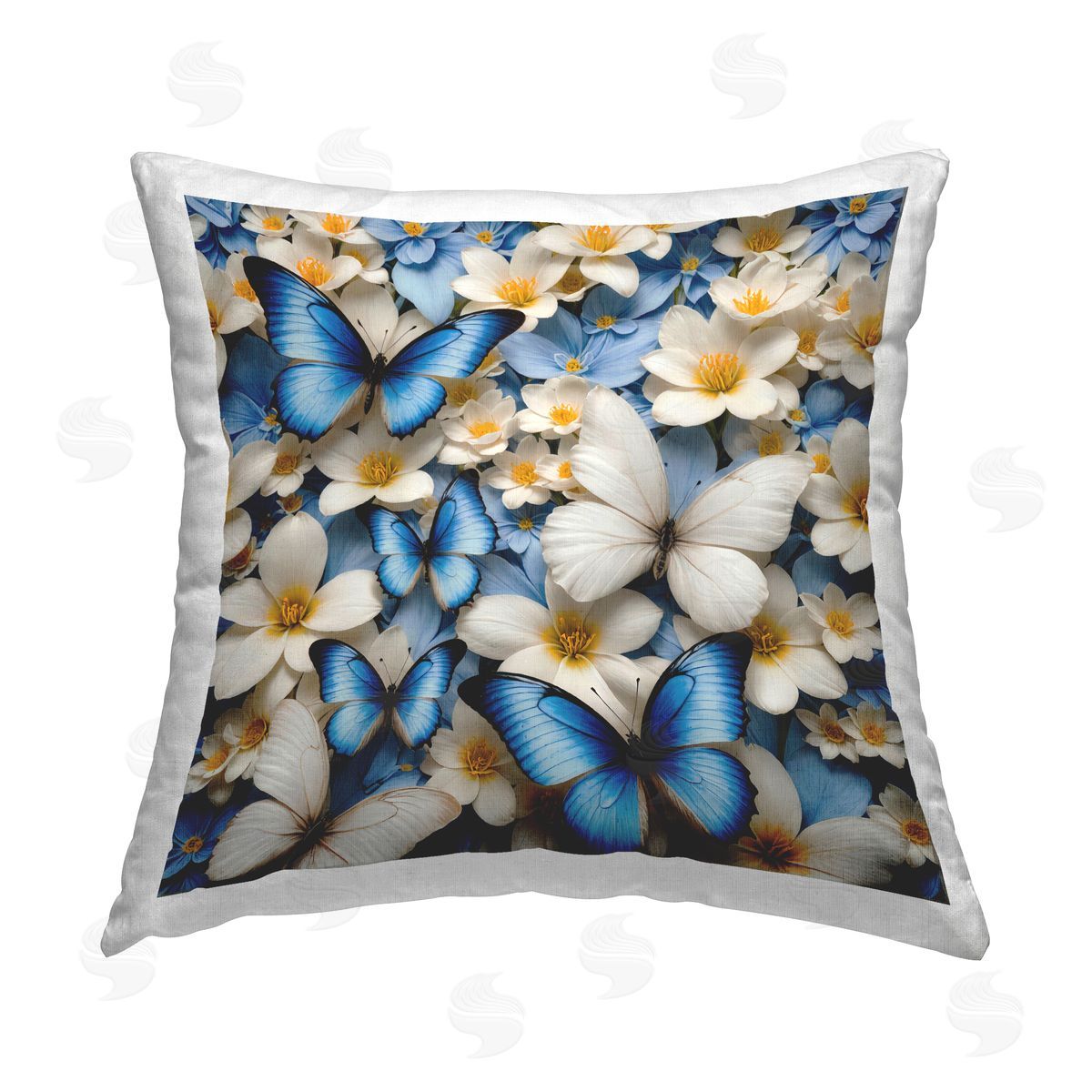 Yuri Khrushch Blue & White Floral Butterflies Printed Plush Polyester Throw Pillow