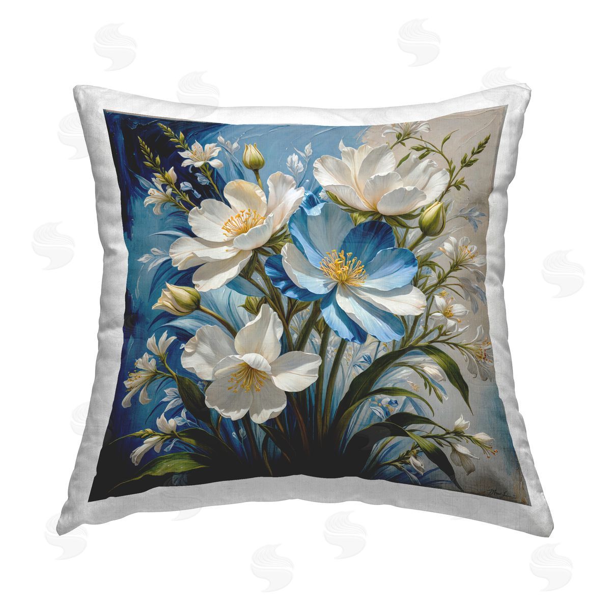 Yuri Khrushch Curling Floral Petals on Blue Printed Plush Polyester Throw Pillow