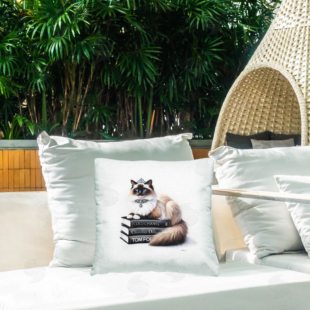 Amanda Greenwood Elegant Glam Cat & Books Outdoor Quick-Dry Polyester Printed Throw Pillow in Back Yard