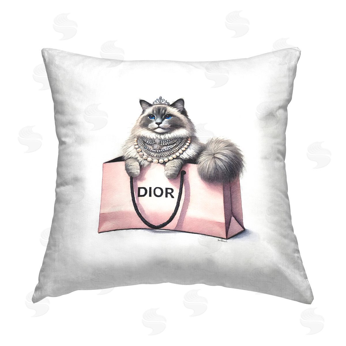 Amanda Greenwood Lovely Cat in Shopping Bag Printed Plush Polyester Throw Pillow