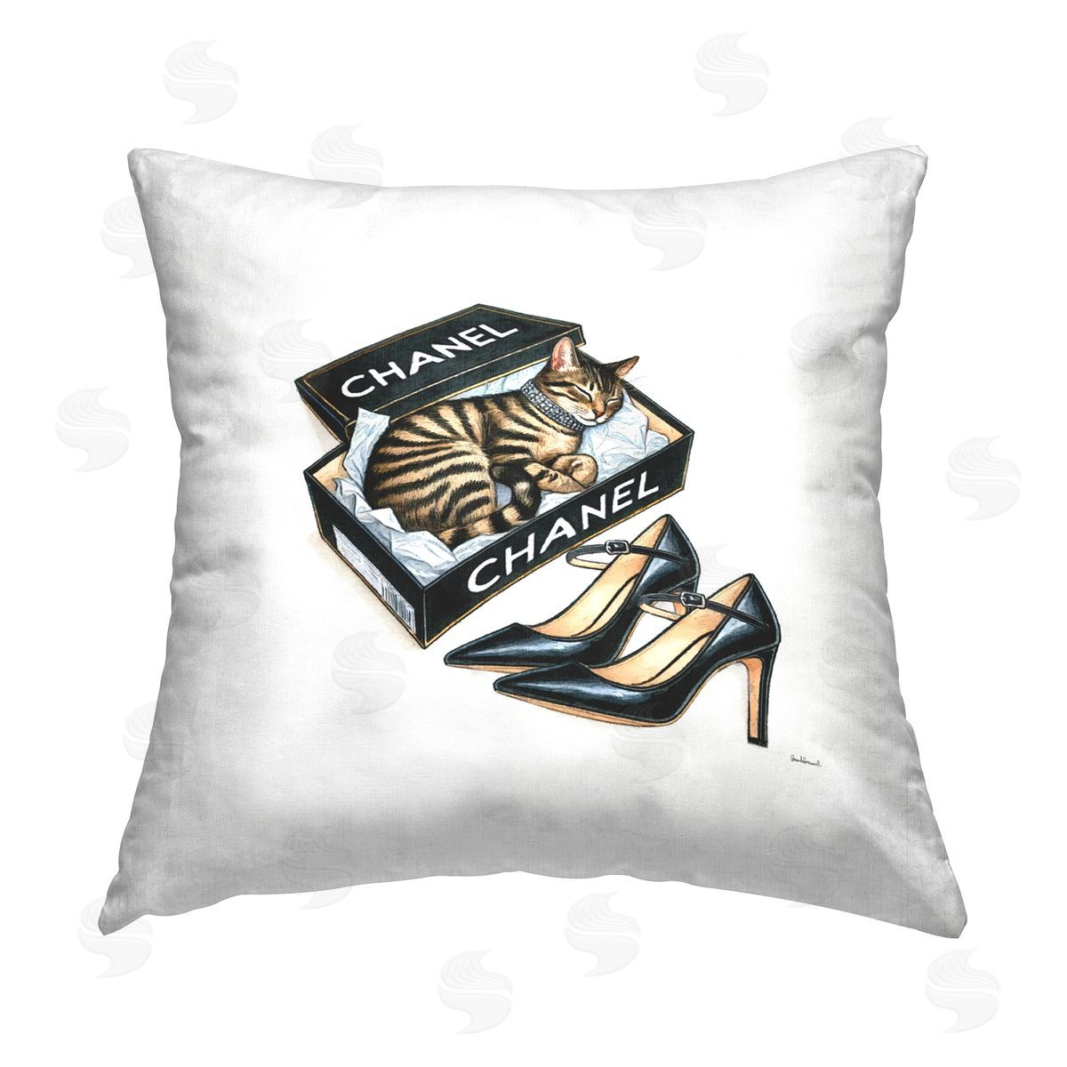 Amanda Greenwood Sleeping Cat in Shoe Box Printed Plush Polyester Throw Pillow