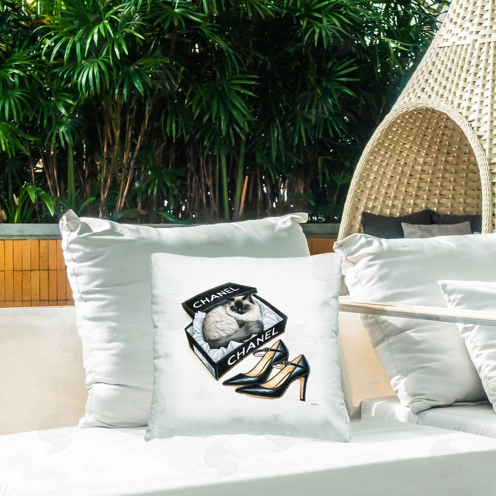 Amanda Greenwood Cat in Glam Shoebox Outdoor Quick-Dry Polyester Printed Throw Pillow in Back Yard