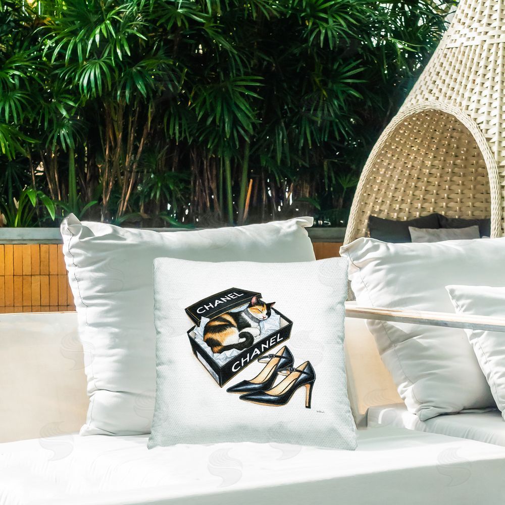 Amanda Greenwood Cat Sleeping Heels Box Outdoor Quick-Dry Polyester Printed Throw Pillow in Back Yard