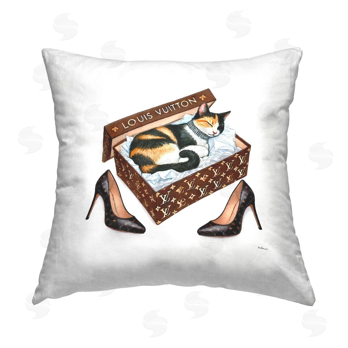 Amanda Greenwood Kitty Sleeping in Shoebox Printed Plush Polyester Throw Pillow