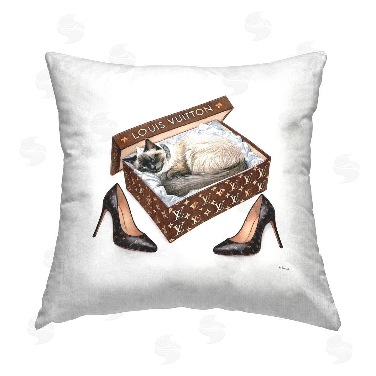 Amanda Greenwood Kitty Sleeping Heels Box Printed Plush Polyester Throw Pillow