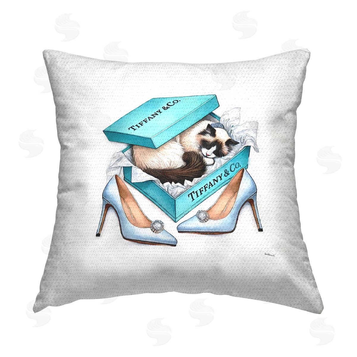 Amanda Greenwood Blue Shoebox with Kitten Outdoor Quick-Dry Polyester Printed Throw Pillow