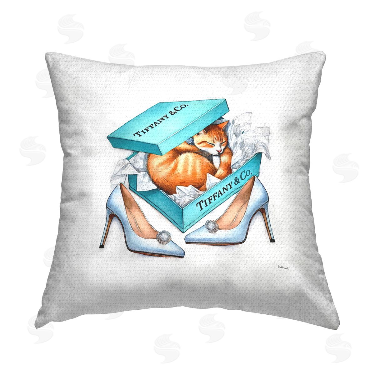 Amanda Greenwood Blue Shoebox with Cat Outdoor Quick-Dry Polyester Printed Throw Pillow