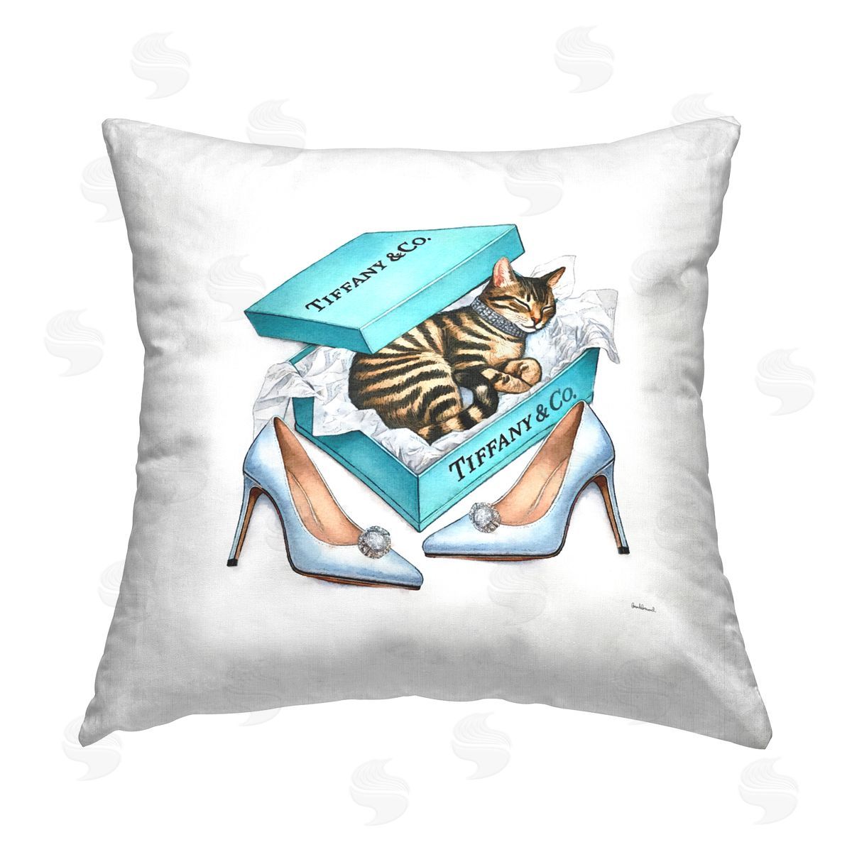Amanda Greenwood Blue Shoebox with Kitty Printed Plush Polyester Throw Pillow