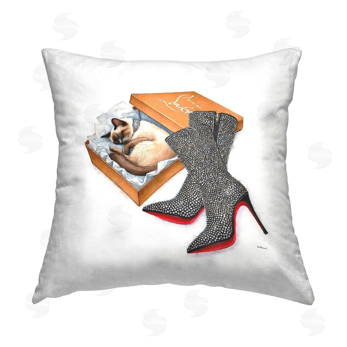 Amanda Greenwood Stylish Shoebox Cat Printed Plush Polyester Throw Pillow