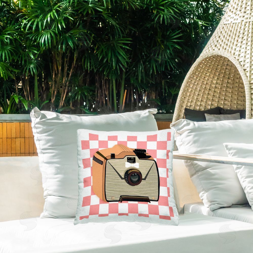 Jen Bucheli Take The Shot Retro Camera Outdoor Quick-Dry Polyester Printed Throw Pillow in Back Yard