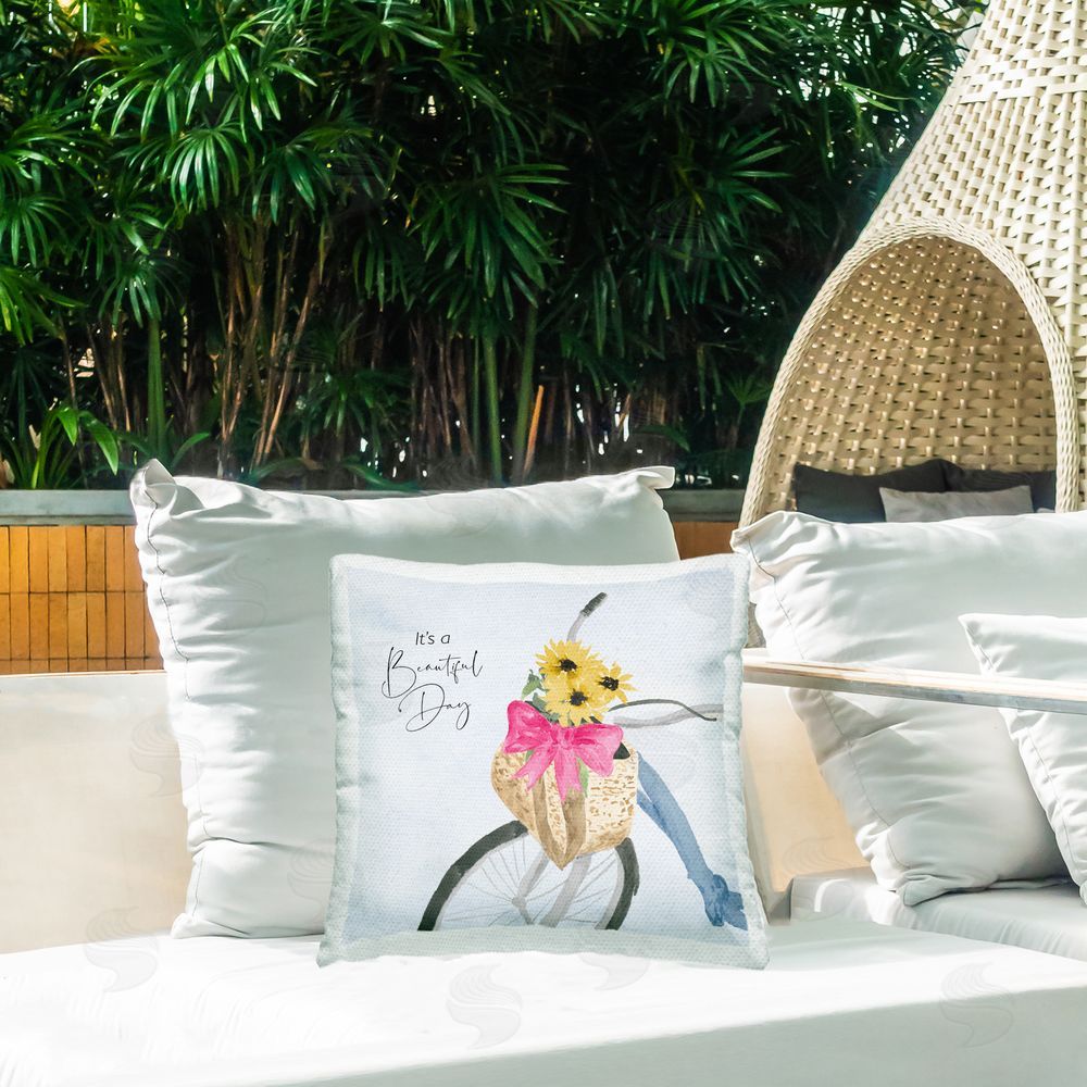 Lucille Price It's a Beautiful Day Bicycle Outdoor Quick-Dry Polyester Printed Throw Pillow in Back Yard