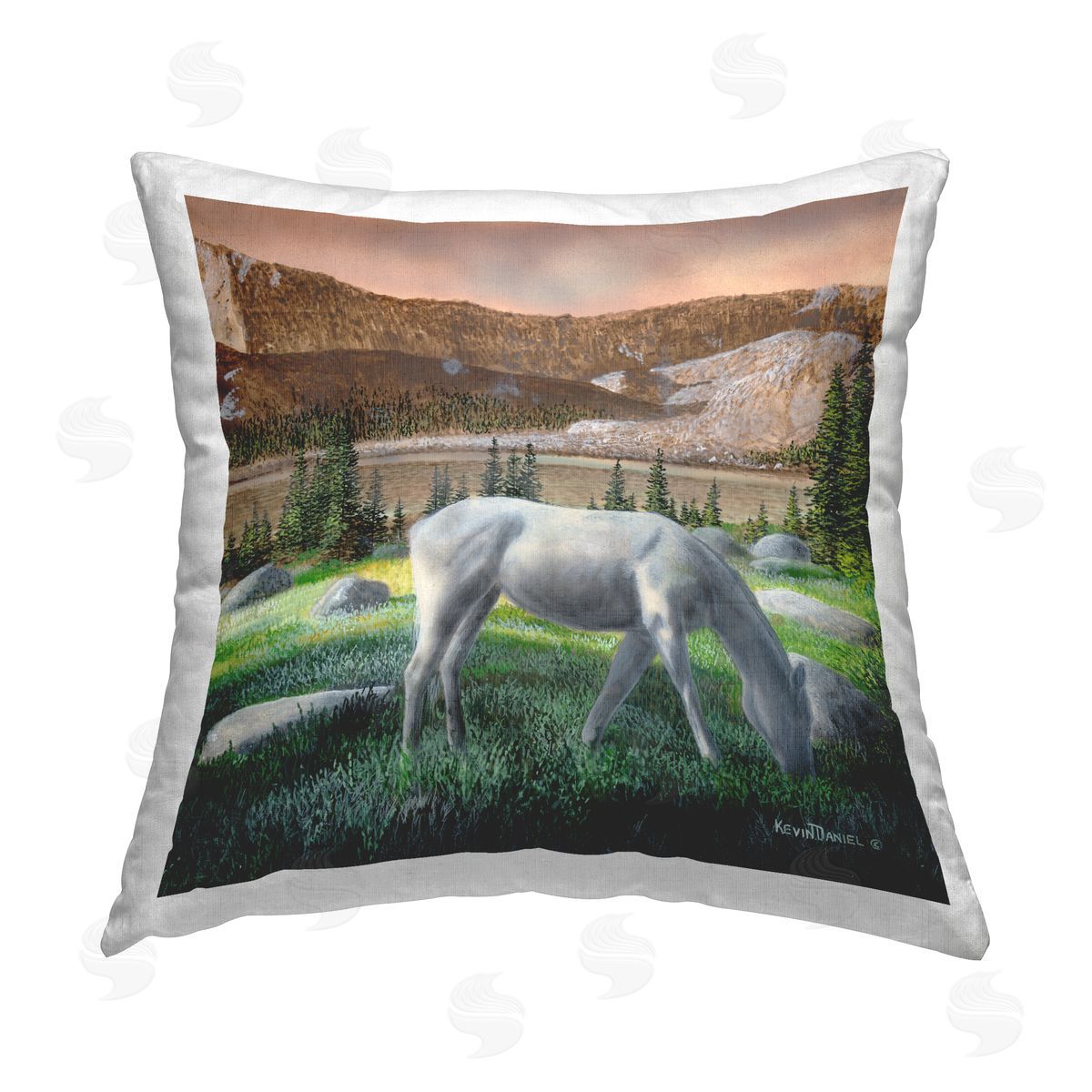 Kevin Daniel Grazing Horses in Countryside Printed Plush Polyester Throw Pillow