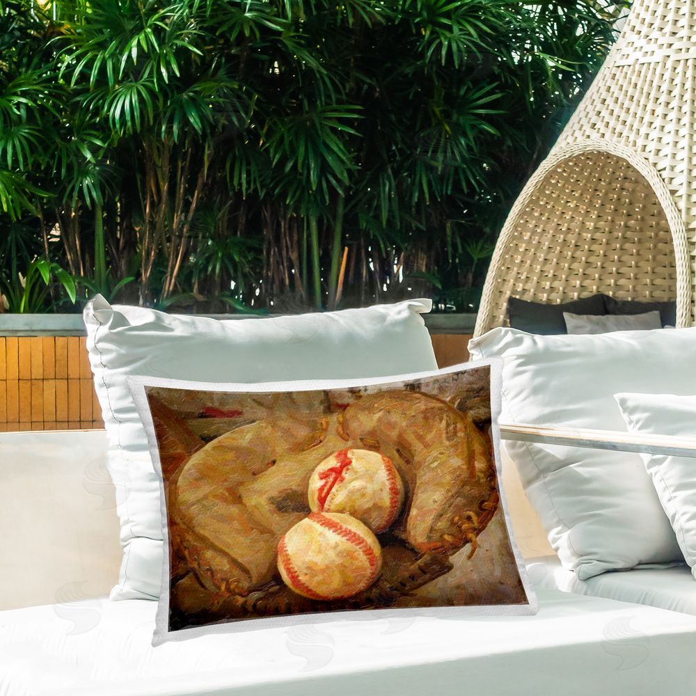Graffitee Studios Baseball Catchers Mitt & Ball Outdoor Quick-Dry Polyester Printed Throw Pillow in Back Yard