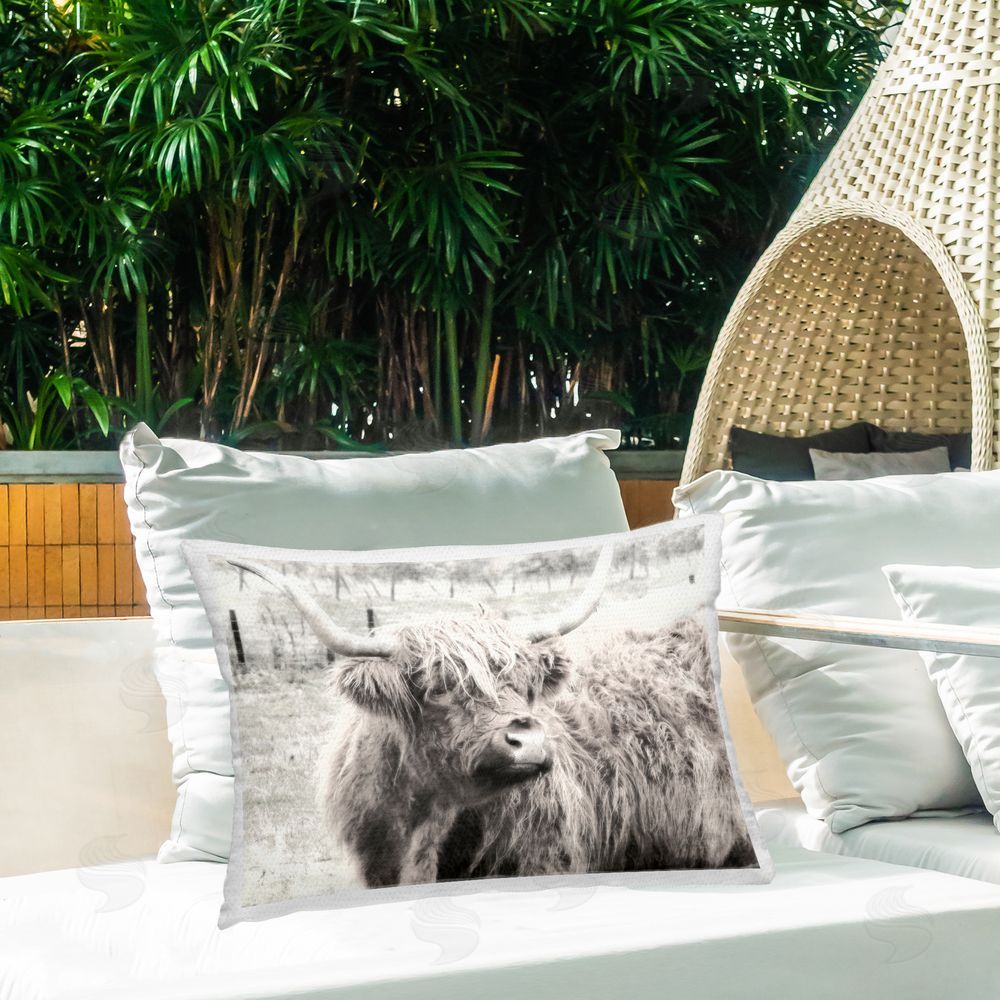 Graffitee Studios Highland Cow Gazing Portrait Outdoor Quick-Dry Polyester Printed Throw Pillow in Back Yard