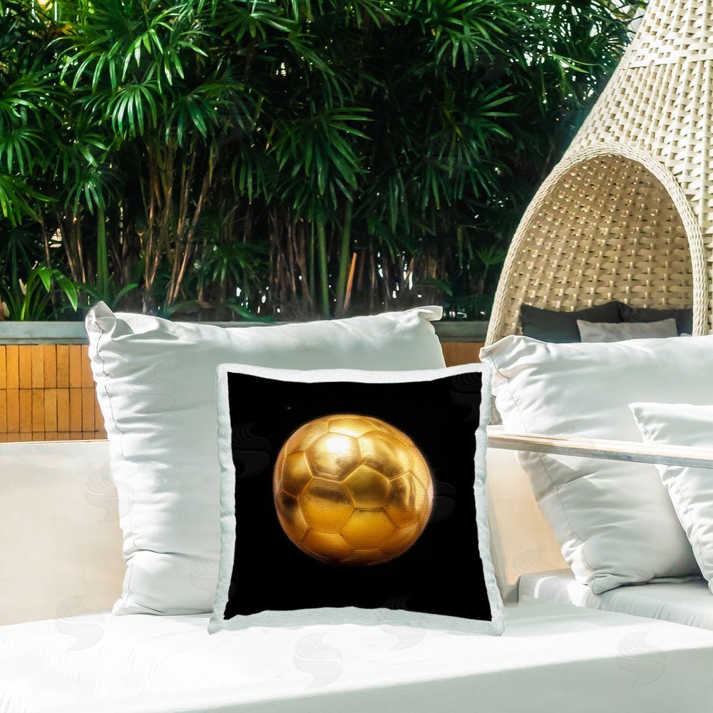 Graffitee Studios Gold Designer Soccer Ball Outdoor Quick-Dry Polyester Printed Throw Pillow in Back Yard