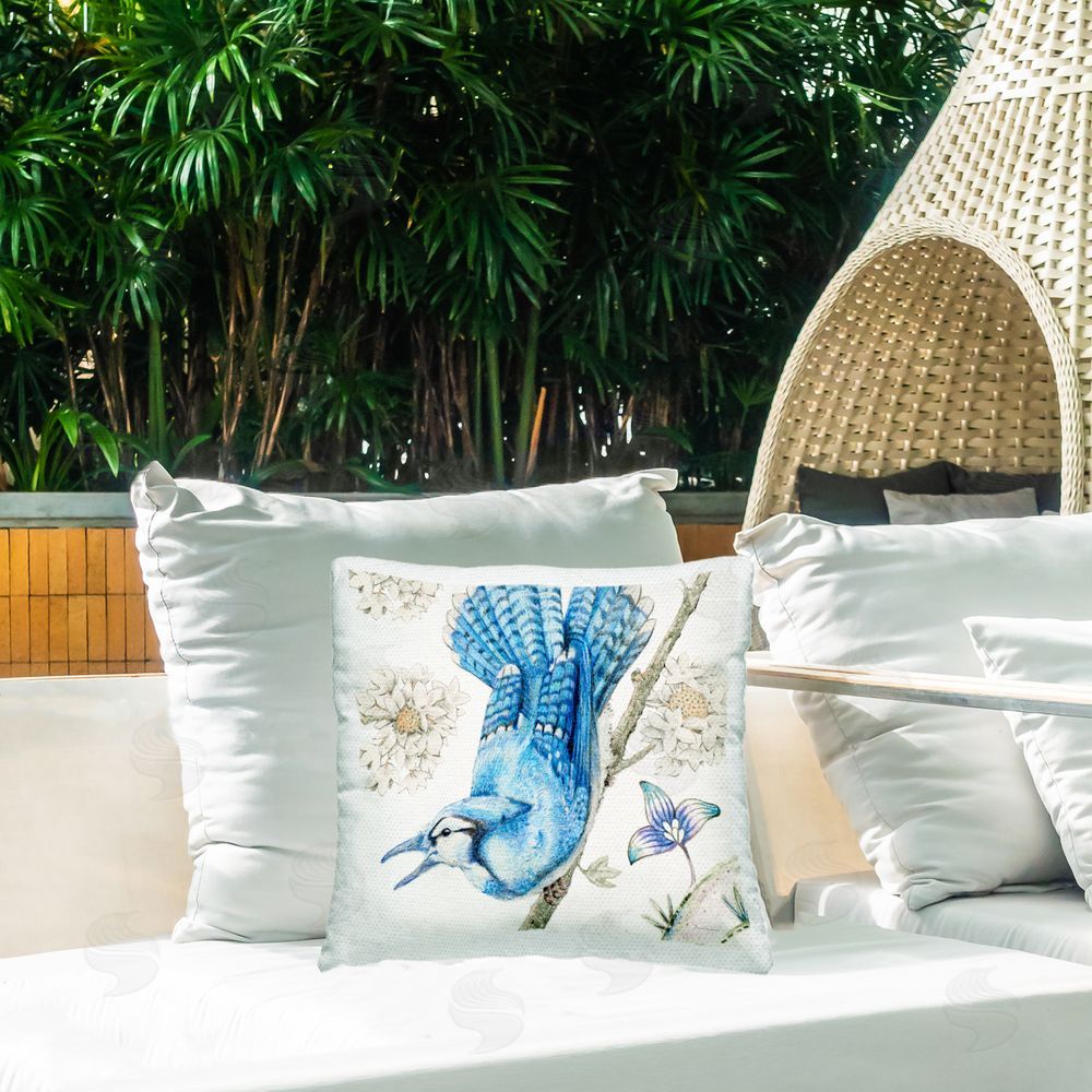 Evelia Designs Blue Jay Perched Florals Outdoor Quick-Dry Polyester Printed Throw Pillow in Back Yard