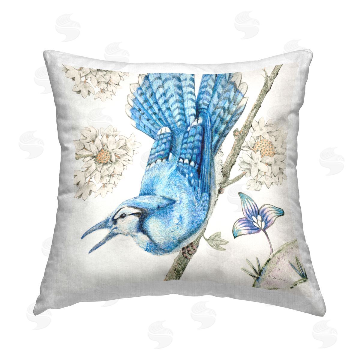 Evelia Designs Blue Jay Perched Florals Printed Plush Polyester Throw Pillow