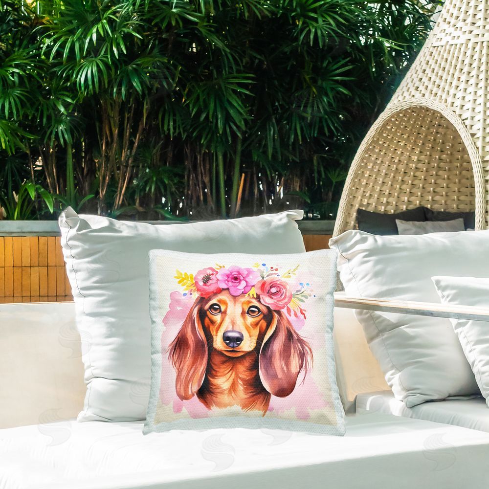 Andrea Haase Boho Wiener Dog Dachshund Outdoor Quick-Dry Polyester Printed Throw Pillow in Back Yard