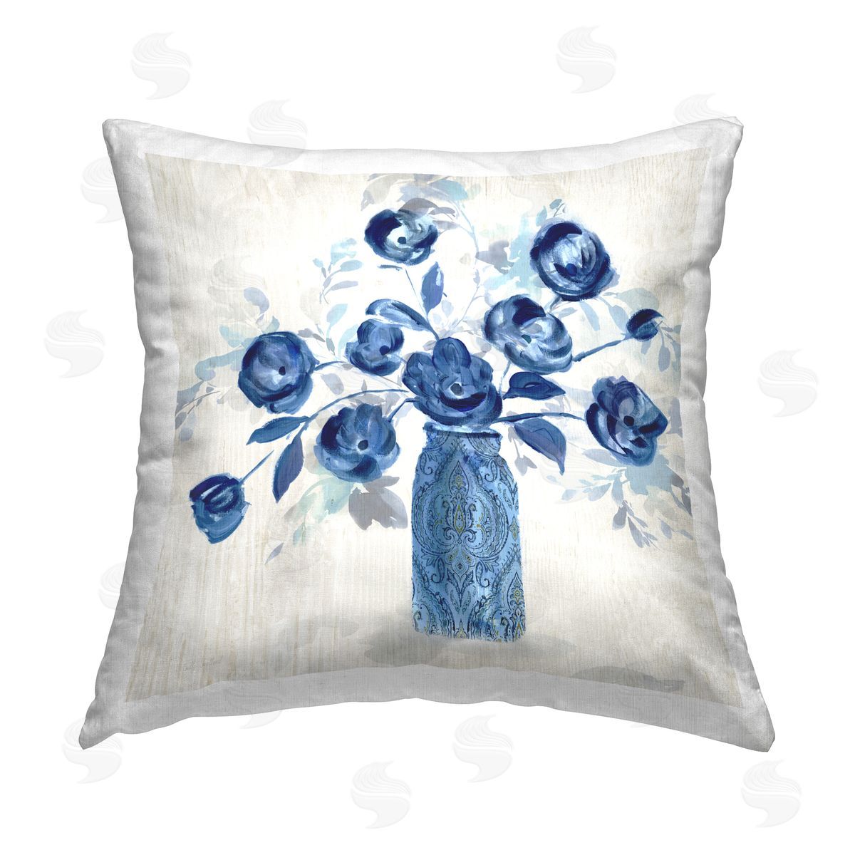 Sally Swatland Blue Roses Ornate Jar Printed Plush Polyester Throw Pillow