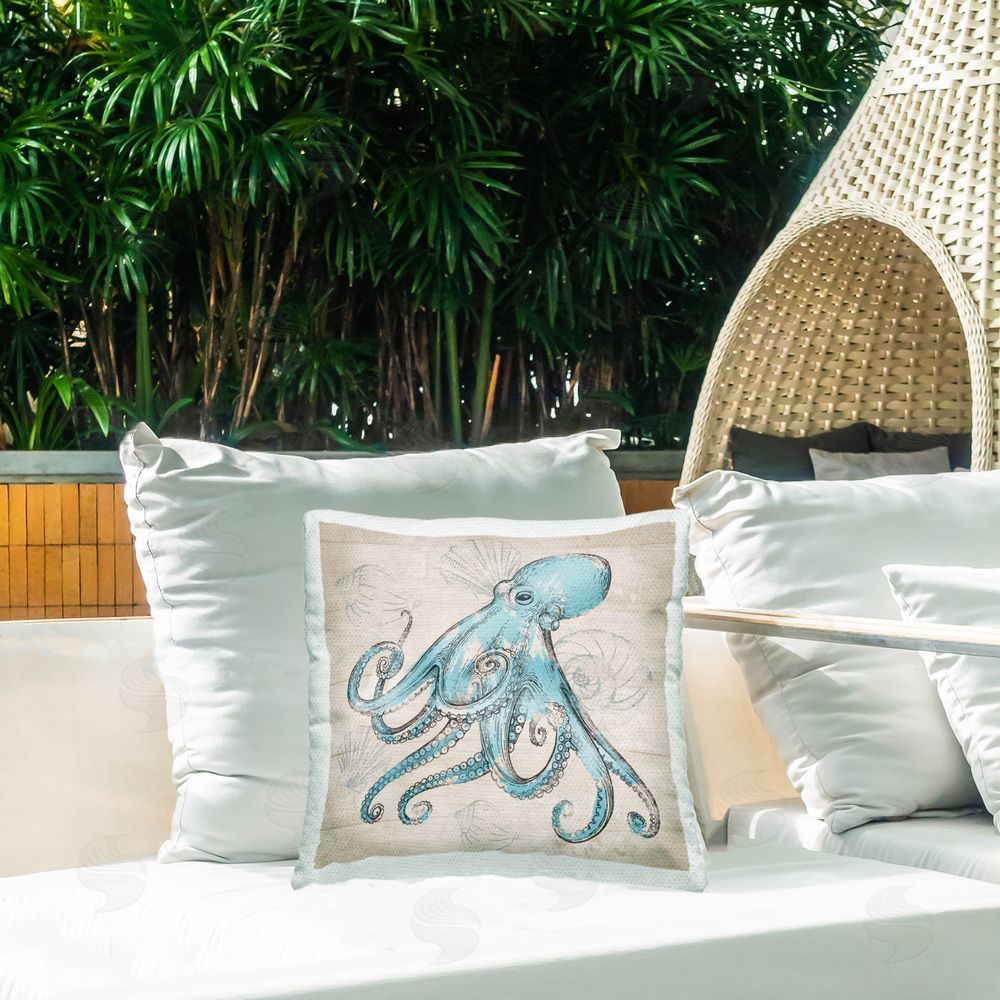 Conrad Knutsen Vintage Drawn Octopus Outdoor Quick-Dry Polyester Printed Throw Pillow in Back Yard