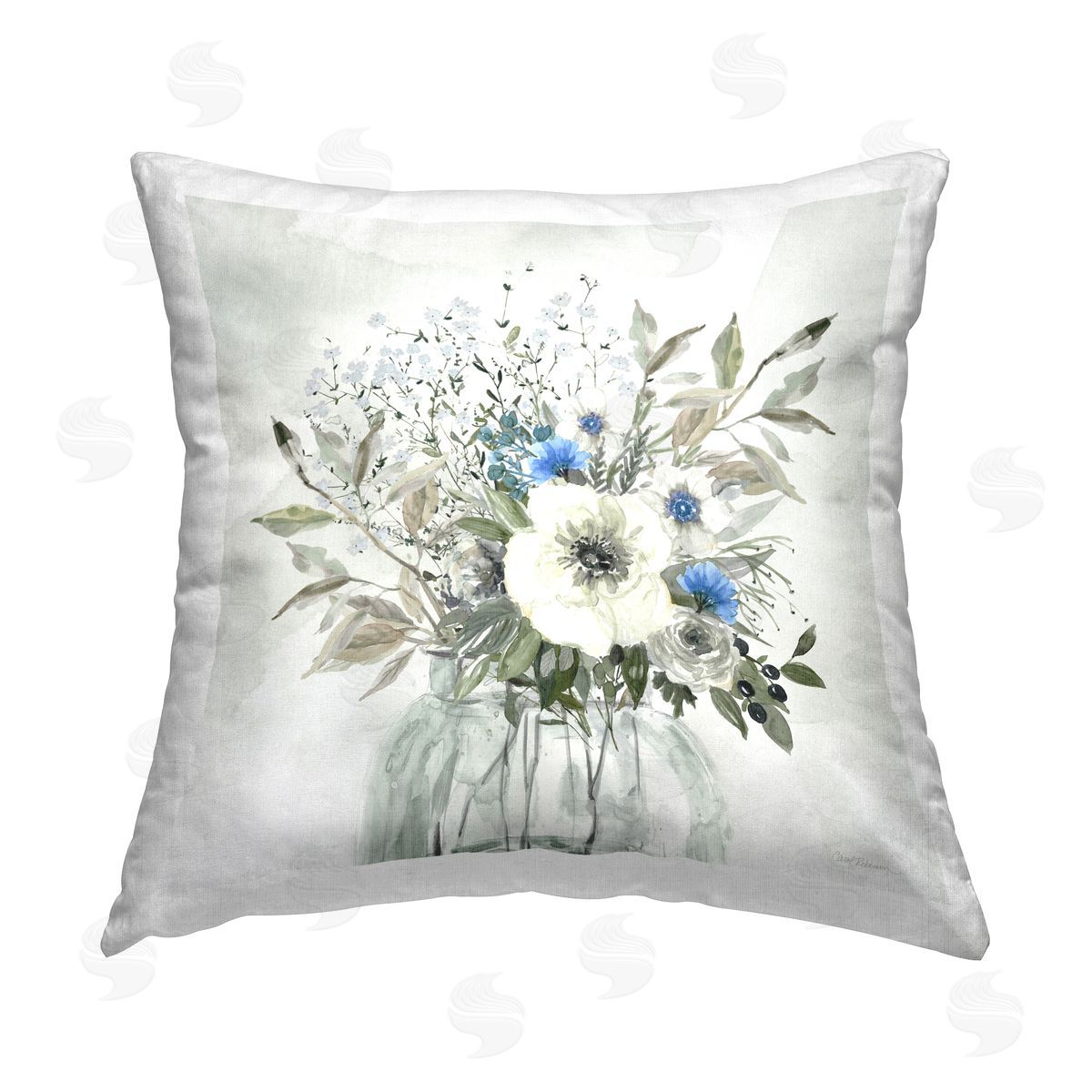 Carol Robinson Charming Country Blue Bouquet Printed Plush Polyester Throw Pillow