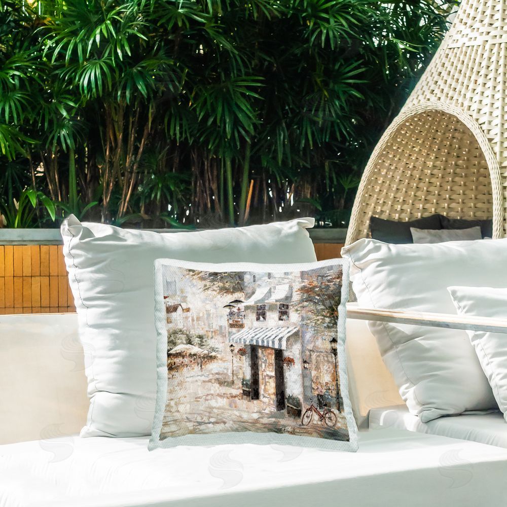 Ruane Manning City Bistro Shopfront Outdoor Quick-Dry Polyester Printed Throw Pillow in Back Yard