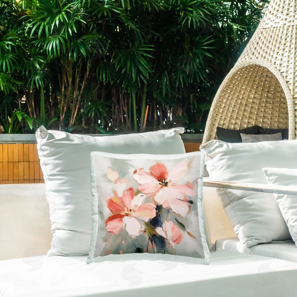 Irena Orlov Charming Pink Blossoms Outdoor Quick-Dry Polyester Printed Throw Pillow in Back Yard