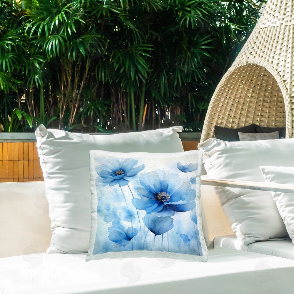 Irena Orlov Mystical Blue Poppies Outdoor Quick-Dry Polyester Printed Throw Pillow in Back Yard