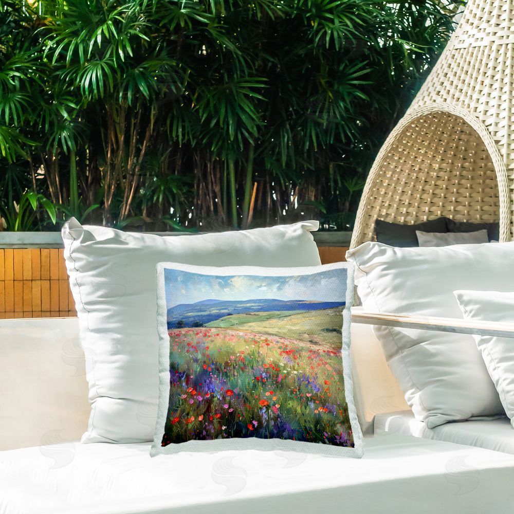Raymond Powers Rolling Meadow Flowers Outdoor Quick-Dry Polyester Printed Throw Pillow in Back Yard