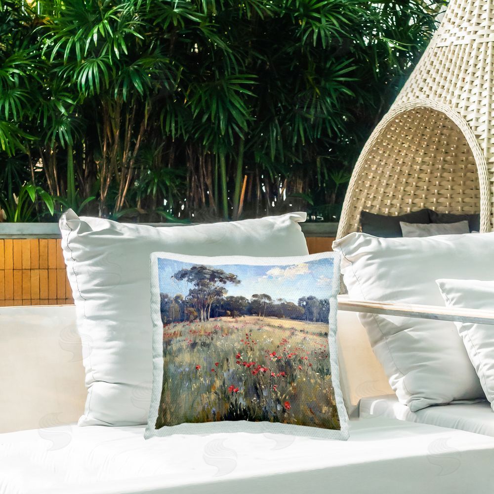 Raymond Powers Poppies in Vast Field Outdoor Quick-Dry Polyester Printed Throw Pillow in Back Yard