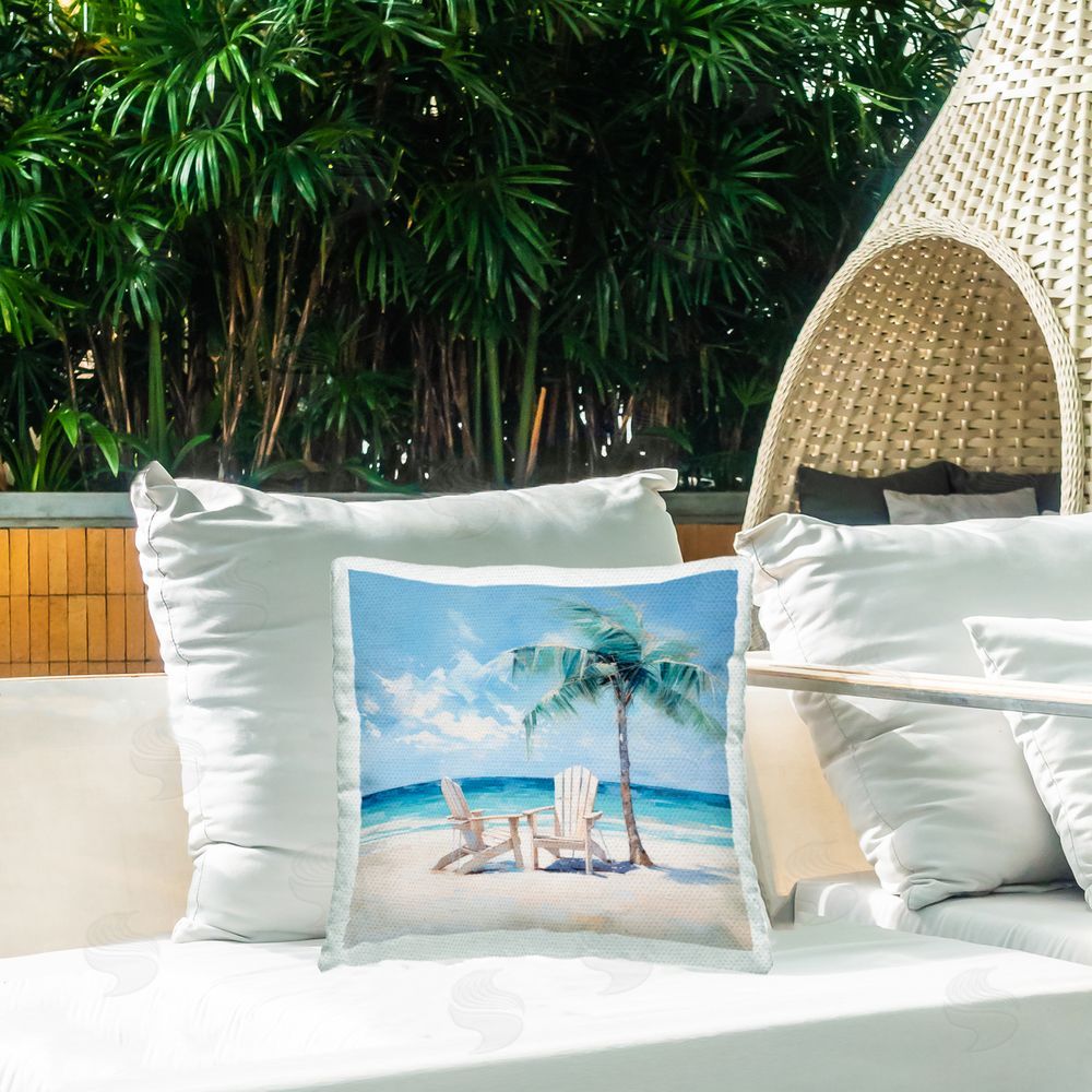 Irena Orlov Palm over Beach Chairs Outdoor Quick-Dry Polyester Printed Throw Pillow in Back Yard