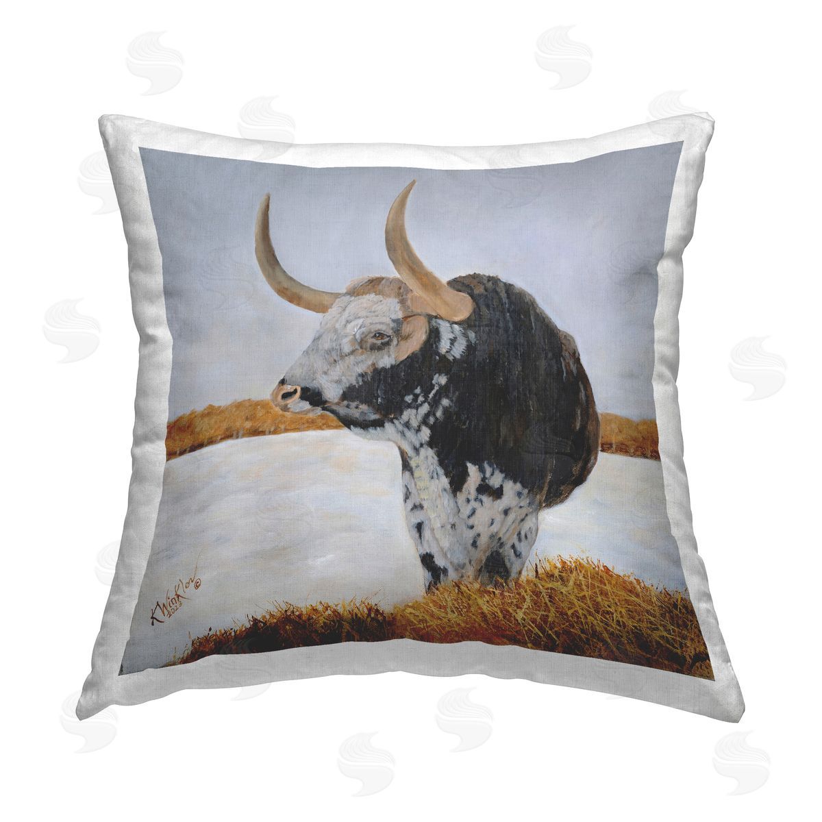 Kathy Winkler Country Longhorn by Stream Printed Plush Polyester Throw Pillow