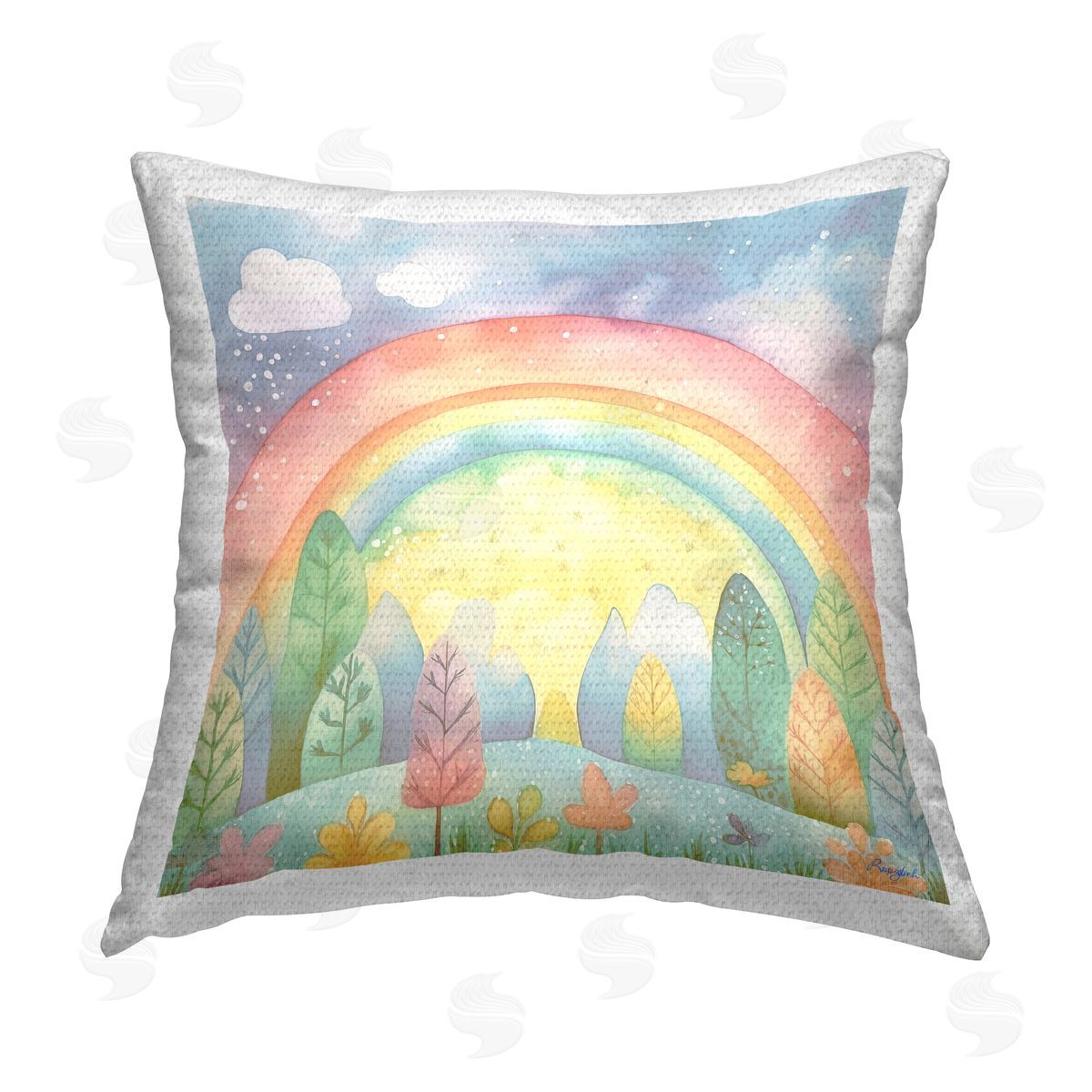 Roozbeh Pastel Rainbow & Rain Clouds Outdoor Quick-Dry Polyester Printed Throw Pillow