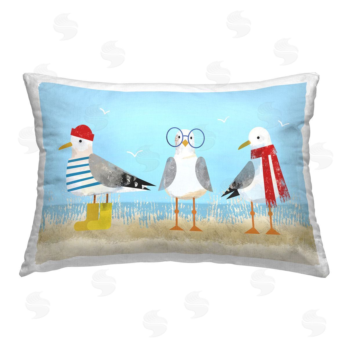 Victoria Barnes Seagulls in Winter Clothes Printed Plush Polyester Throw Pillow