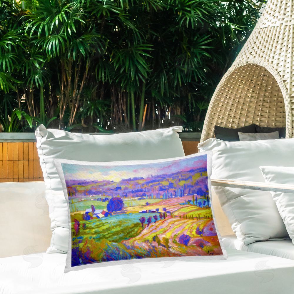 Dorothy Fagan Classic Farm Purple Accents Outdoor Quick-Dry Polyester Printed Throw Pillow in Back Yard