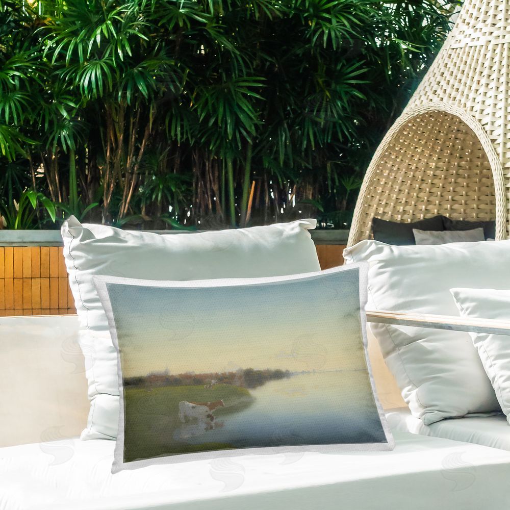 Jan Voerman Cows in Serene Shore Outdoor Quick-Dry Polyester Printed Throw Pillow in Back Yard