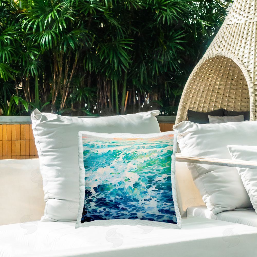 Irena Orlov Cascading Ocean Splash Outdoor Quick-Dry Polyester Printed Throw Pillow in Back Yard
