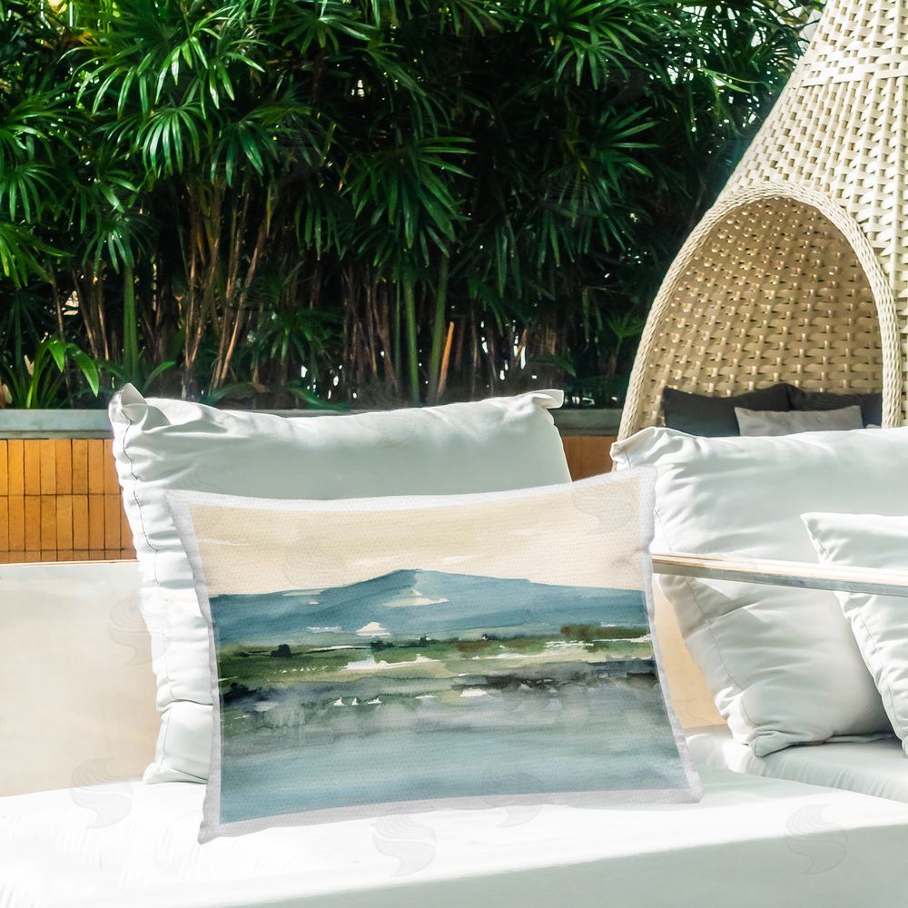 Ethan Harper Blue Mountain Watercolor Outdoor Quick-Dry Polyester Printed Throw Pillow in Back Yard