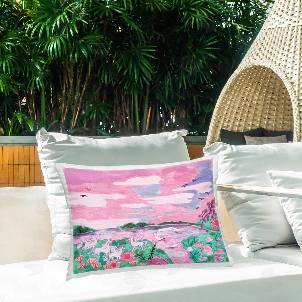 Melissa Wang Pastel Unicorns Landscape Outdoor Quick-Dry Polyester Printed Throw Pillow in Back Yard